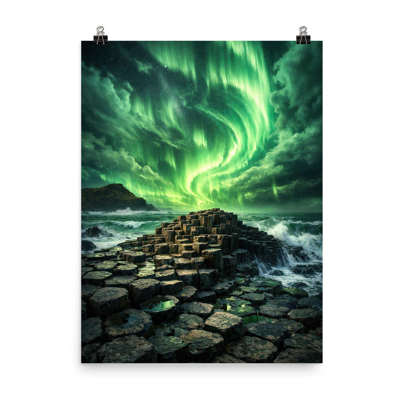 Giant's Causeway beneath green aurora storm poster on a plain backdrop in size 8