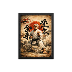 Gichin Funakoshi calligraphy and karate stance framed print on a plain backdrop in size 12"x16".