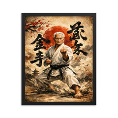 Gichin Funakoshi calligraphy and karate stance framed print on a plain backdrop in size 16"x20".