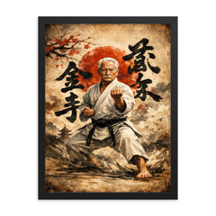 Gichin Funakoshi calligraphy and karate stance framed print on a plain backdrop in size 18"x24".