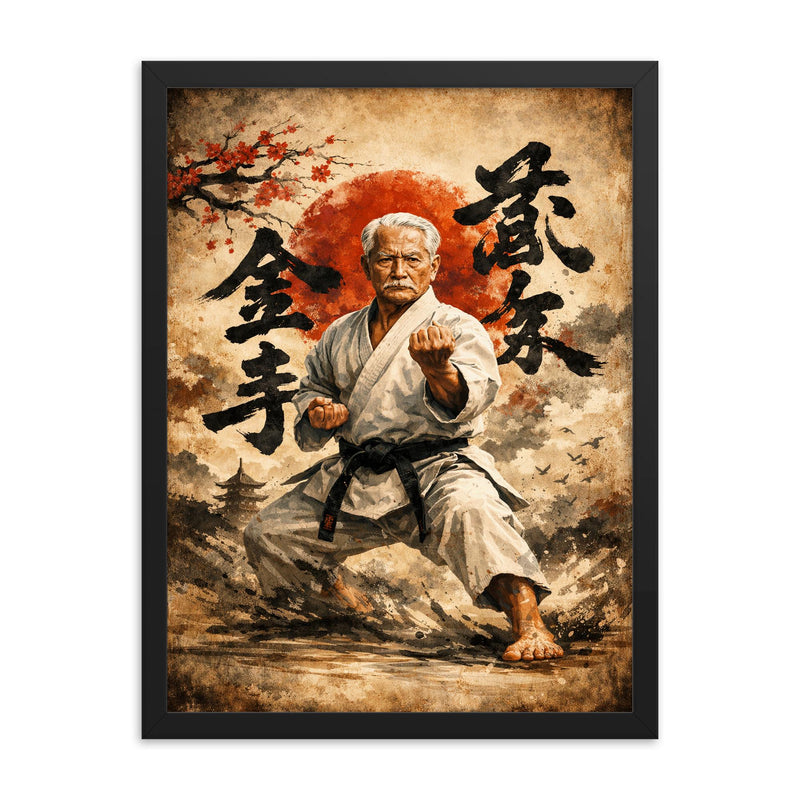 Gichin Funakoshi calligraphy and karate stance framed print on a plain backdrop in size 18