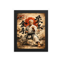 Gichin Funakoshi calligraphy and karate stance framed print on a plain backdrop in size 8"x10".
