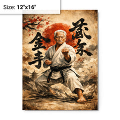 Gichin Funakoshi calligraphy and karate stance metal print on a plain backdrop in size 12"x16".