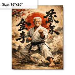 Gichin Funakoshi calligraphy and karate stance metal print on a plain backdrop in size 16"x20".