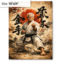 Gichin Funakoshi calligraphy and karate stance metal print on a plain backdrop in size 18"x24".