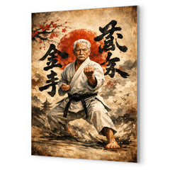 Gichin Funakoshi calligraphy and karate stance metal print mockup