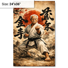 Gichin Funakoshi calligraphy and karate stance metal print on a plain backdrop in size 24"x36".