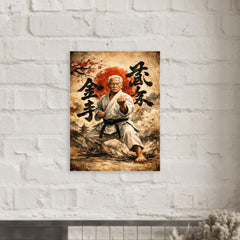 Gichin Funakoshi calligraphy and karate stance metal print mockup