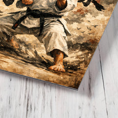 Gichin Funakoshi calligraphy and karate stance metal print mockup