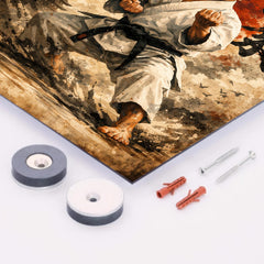 Gichin Funakoshi calligraphy and karate stance metal print mockup