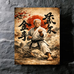 Gichin Funakoshi calligraphy and karate stance metal print mockup