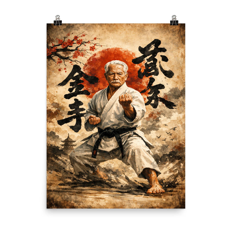 Gichin Funakoshi calligraphy and karate stance poster on a plain backdrop in size 8