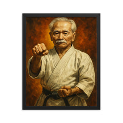 Gichin Funakoshi framed print on a plain backdrop in size 16"x20".
