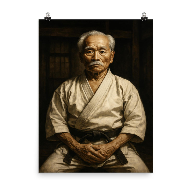 Gichin Funakoshi in stark dojo portrait poster on a plain backdrop in size 8