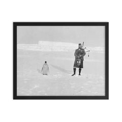 Gilbert Kerr bagpiping with an Emperor Penguin framed print on a plain backdrop in size 16"x20".