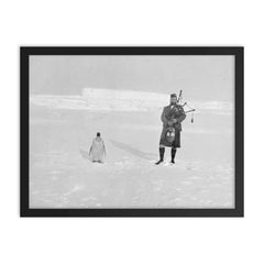 Gilbert Kerr bagpiping with an Emperor Penguin framed print on a plain backdrop in size 18"x24".