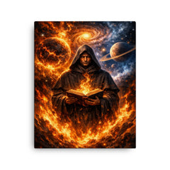 Giordano Bruno amid cosmic worlds and flames canvas print on a plain backdrop in size 16"x20".