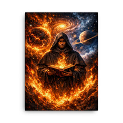 Giordano Bruno amid cosmic worlds and flames canvas print on a plain backdrop in size 18"x24".