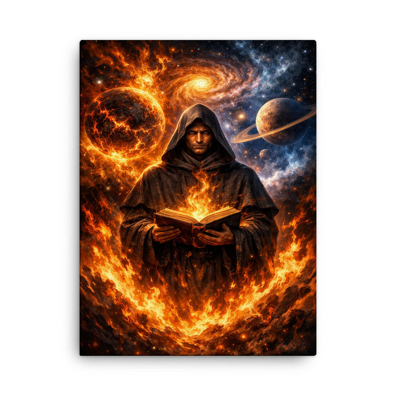 Giordano Bruno amid cosmic worlds and flames canvas print on a plain backdrop in size 18