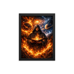 Giordano Bruno amid cosmic worlds and flames framed print on a plain backdrop in size 12"x16".