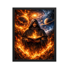 Giordano Bruno amid cosmic worlds and flames framed print on a plain backdrop in size 16"x20".