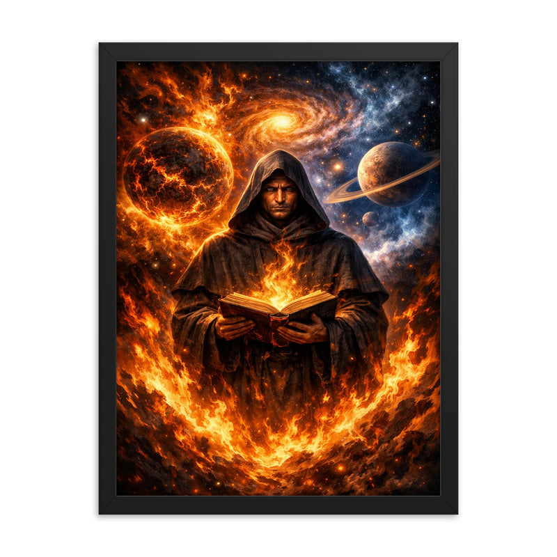 Giordano Bruno amid cosmic worlds and flames framed print on a plain backdrop in size 18