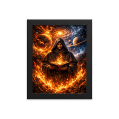 Giordano Bruno amid cosmic worlds and flames framed print on a plain backdrop in size 8"x10".