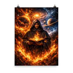 Giordano Bruno amid cosmic worlds and flames poster on a plain backdrop in size 8"x10".