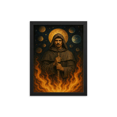 Giordano Bruno amid infinite worlds and stake fire framed print on a plain backdrop in size 12"x16".