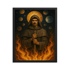 Giordano Bruno amid infinite worlds and stake fire framed print on a plain backdrop in size 16"x20".