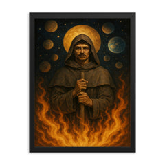Giordano Bruno amid infinite worlds and stake fire framed print on a plain backdrop in size 18"x24".