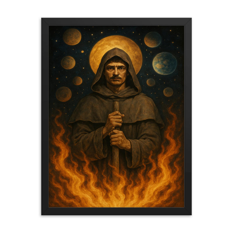 Giordano Bruno amid infinite worlds and stake fire framed print on a plain backdrop in size 18