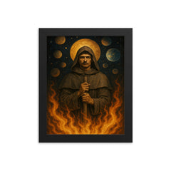 Giordano Bruno amid infinite worlds and stake fire framed print on a plain backdrop in size 8"x10".