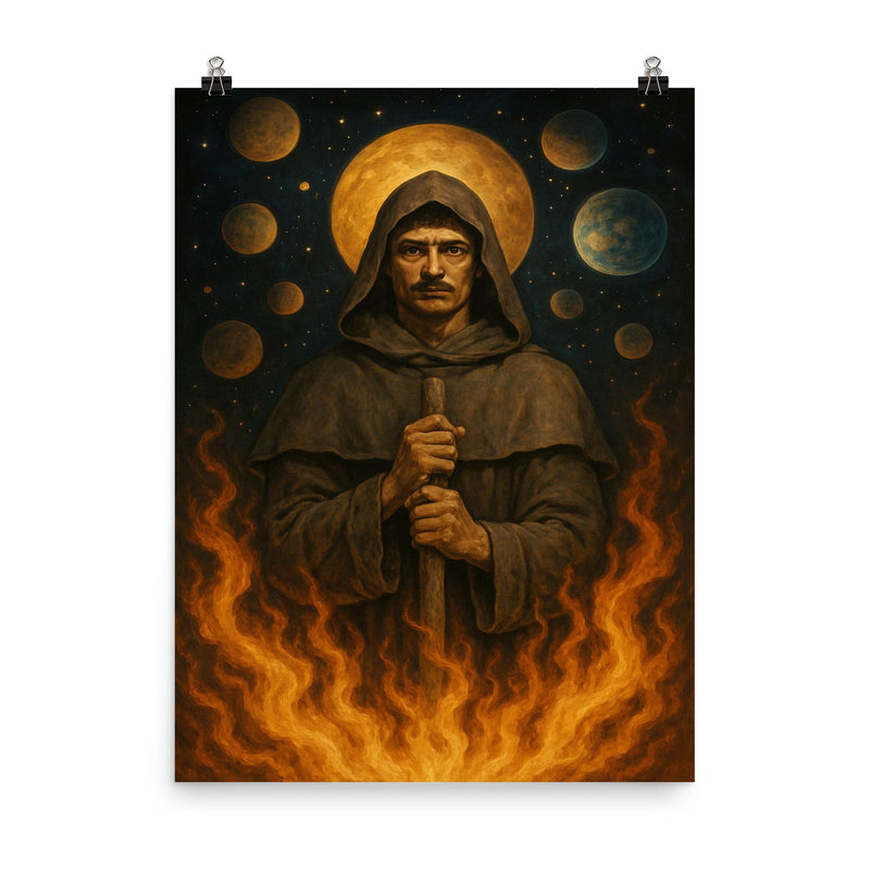 Giordano Bruno amid infinite worlds and stake fire poster on a plain backdrop in size 8