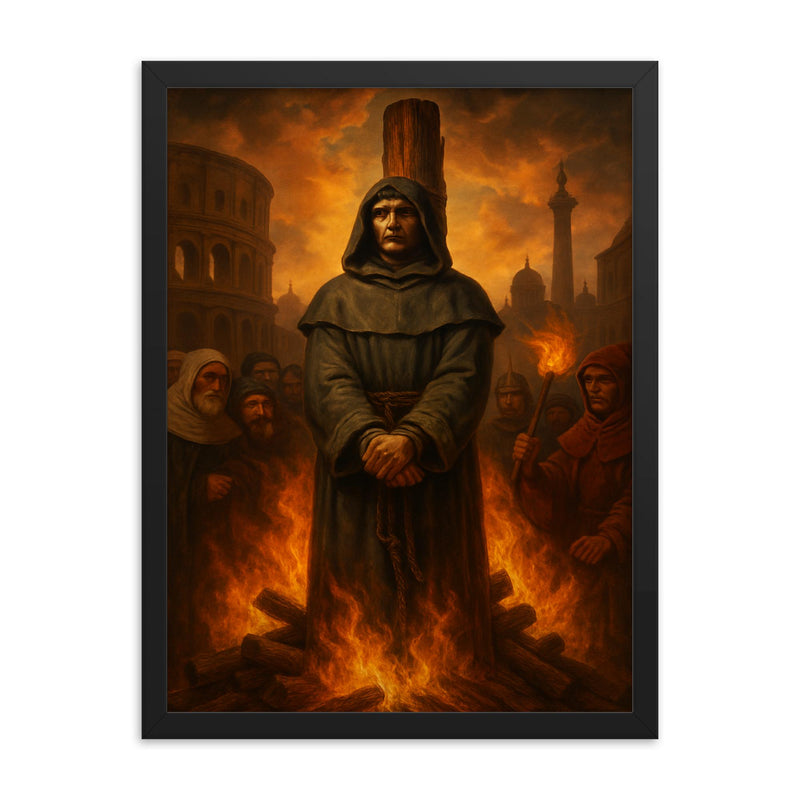 Giordano Bruno before the Roman pyre framed print on a plain backdrop in size 18
