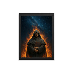 Giordano Bruno beneath a star filled pyre sky framed print on a plain backdrop in size 12"x16".