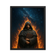 Giordano Bruno beneath a star filled pyre sky framed print on a plain backdrop in size 16"x20".
