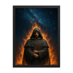 Giordano Bruno beneath a star filled pyre sky framed print on a plain backdrop in size 18"x24".