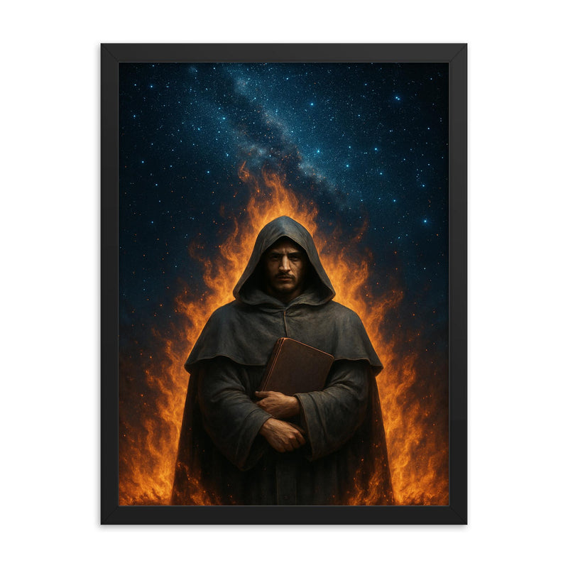 Giordano Bruno beneath a star filled pyre sky framed print on a plain backdrop in size 18
