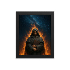Giordano Bruno beneath a star filled pyre sky framed print on a plain backdrop in size 8"x10".