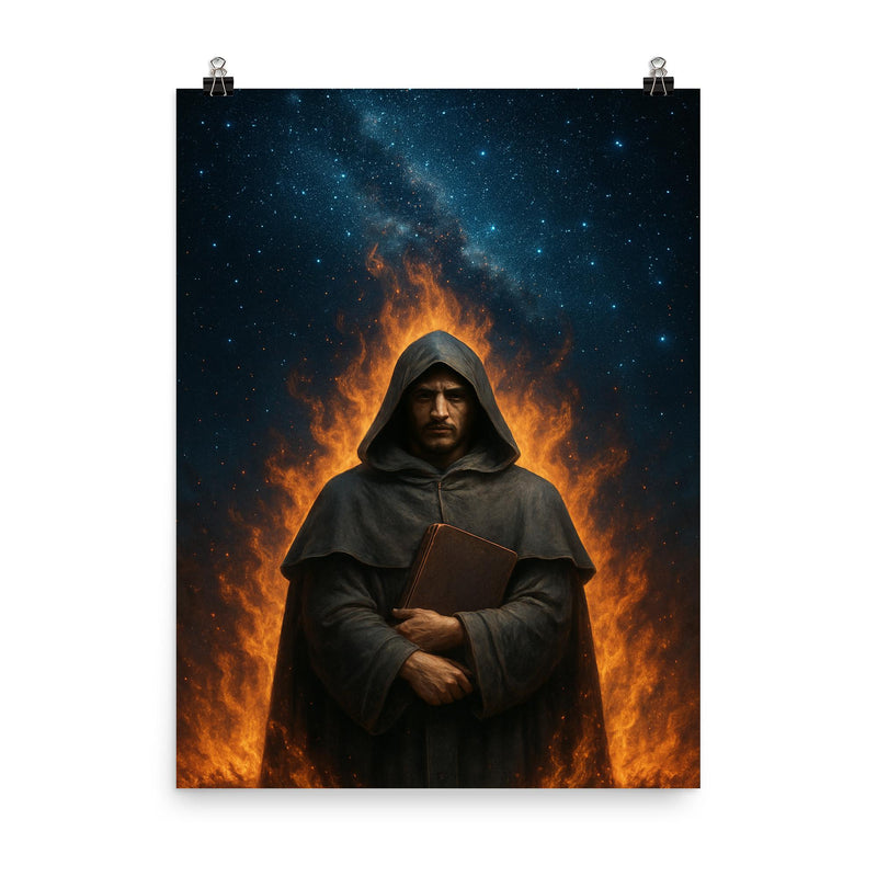 Giordano Bruno beneath a star filled pyre sky poster on a plain backdrop in size 8