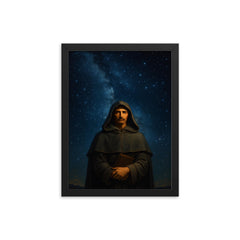 Giordano Bruno beneath the infinite stars framed print on a plain backdrop in size 12"x16".