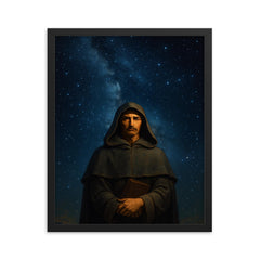 Giordano Bruno beneath the infinite stars framed print on a plain backdrop in size 16"x20".