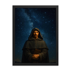 Giordano Bruno beneath the infinite stars framed print on a plain backdrop in size 18"x24".