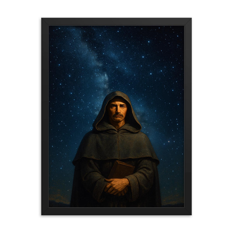 Giordano Bruno beneath the infinite stars framed print on a plain backdrop in size 18