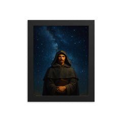 Giordano Bruno beneath the infinite stars framed print on a plain backdrop in size 8"x10".