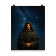 Giordano Bruno beneath the infinite stars poster on a plain backdrop in size 8"x10".