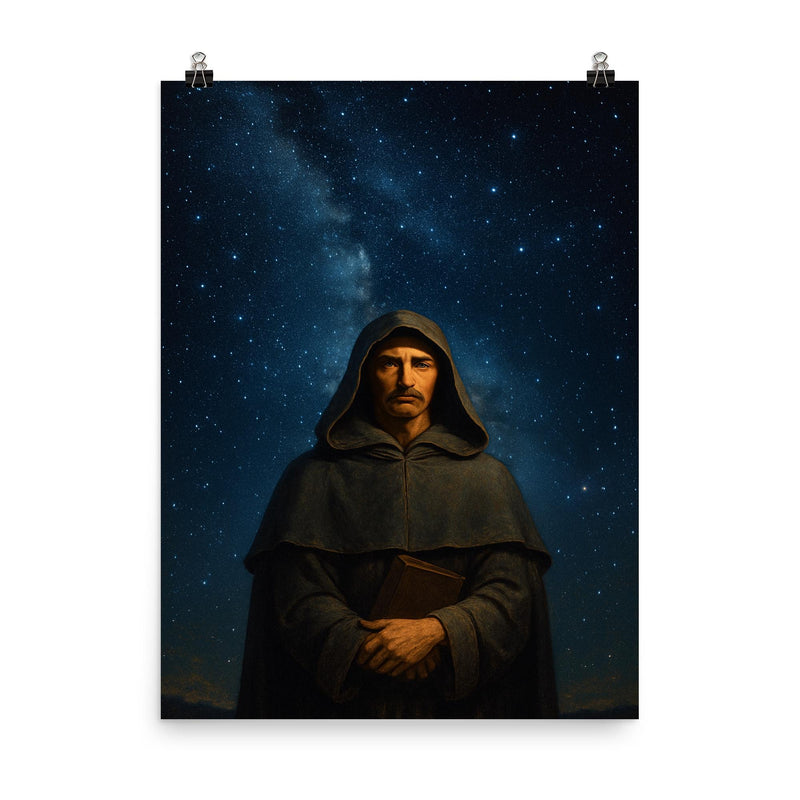 Giordano Bruno beneath the infinite stars poster on a plain backdrop in size 8