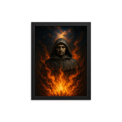 Giordano Bruno cosmic pyre portrait framed print on a plain backdrop in size 12"x16".