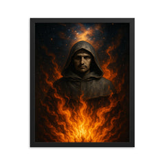 Giordano Bruno cosmic pyre portrait framed print on a plain backdrop in size 16"x20".
